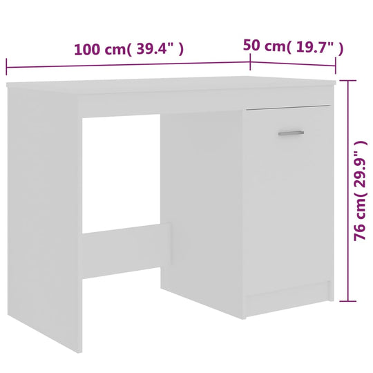 Modern white desk 100x50x76 cm made of engineered wood with integrated cabinet for storage and sleek design.