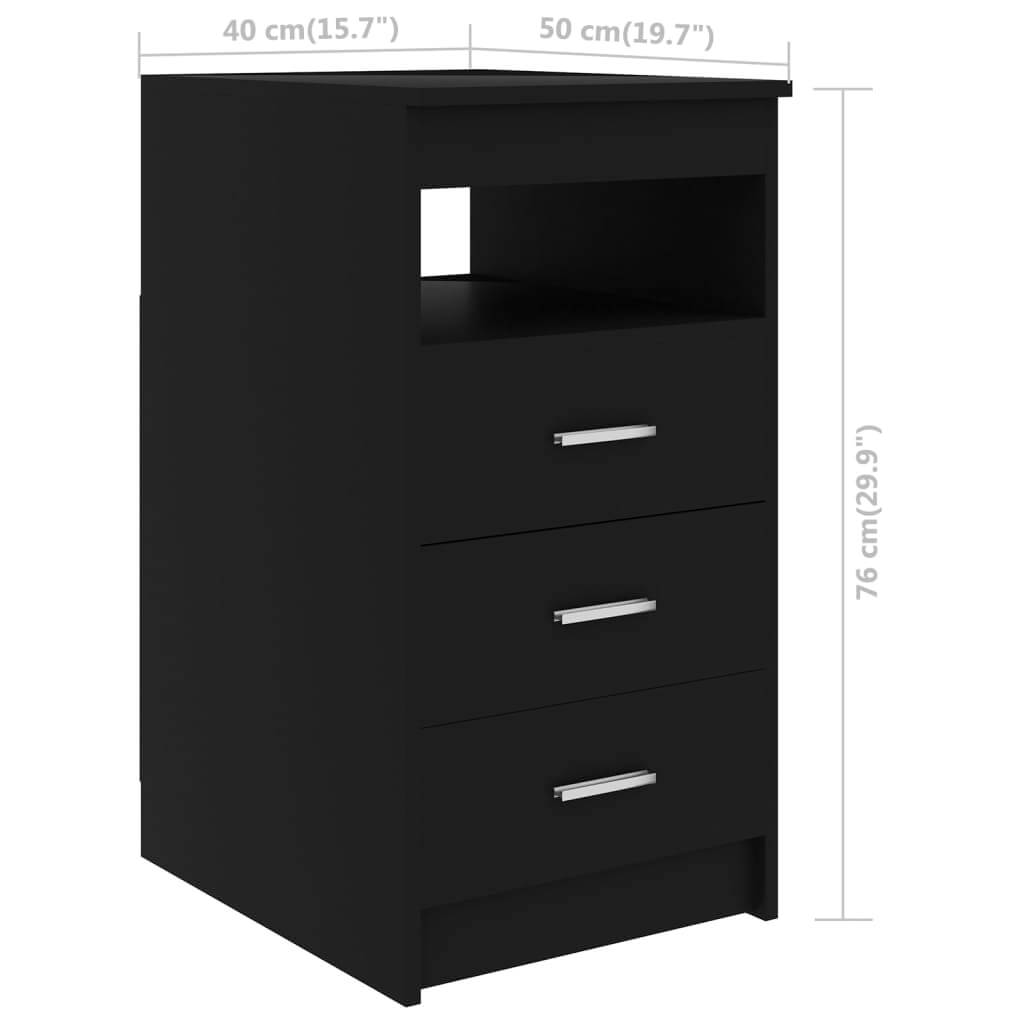 Drawer cabinet in black, dimensions 40x50x76 cm, featuring three drawers and an open shelf for stylish storage solutions.