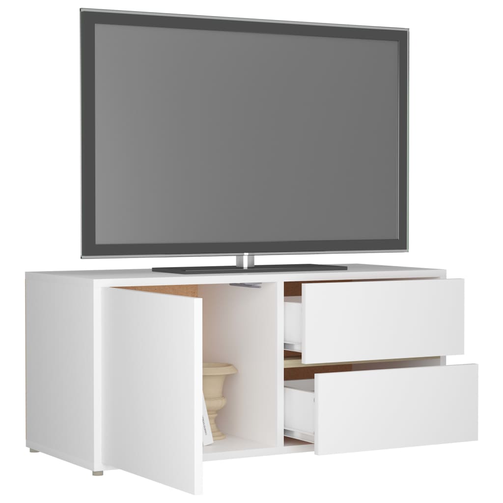 Modern white TV cabinet with storage drawers and compartment, perfect for stylish living rooms and home entertainment.