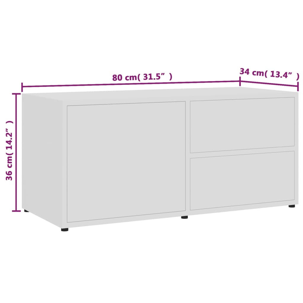 White TV cabinet dimensions 80x34x36 cm; features 2 drawers and a door compartment for storage. Perfect for modern furniture.