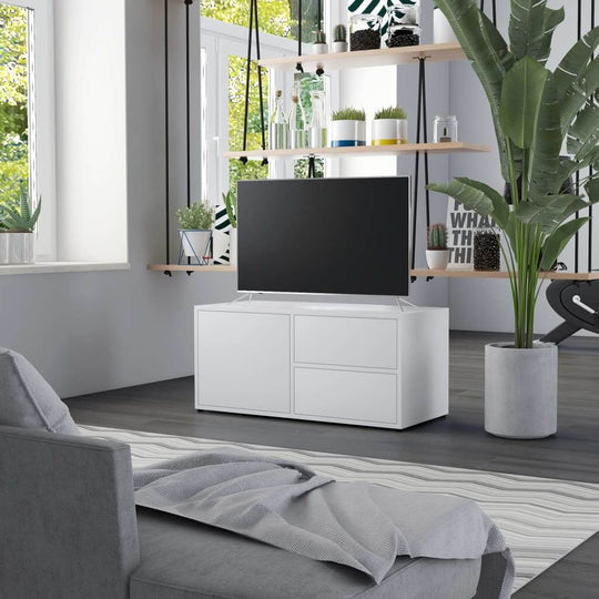 TV cabinet in white with TV on top, surrounded by greenery and modern decor in a stylish living room setting.