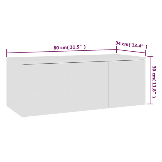 White TV cabinet dimensions 80x34x30 cm, crafted from engineered wood, featuring three storage drawers. Perfect for any lounge or outdoor furniture.