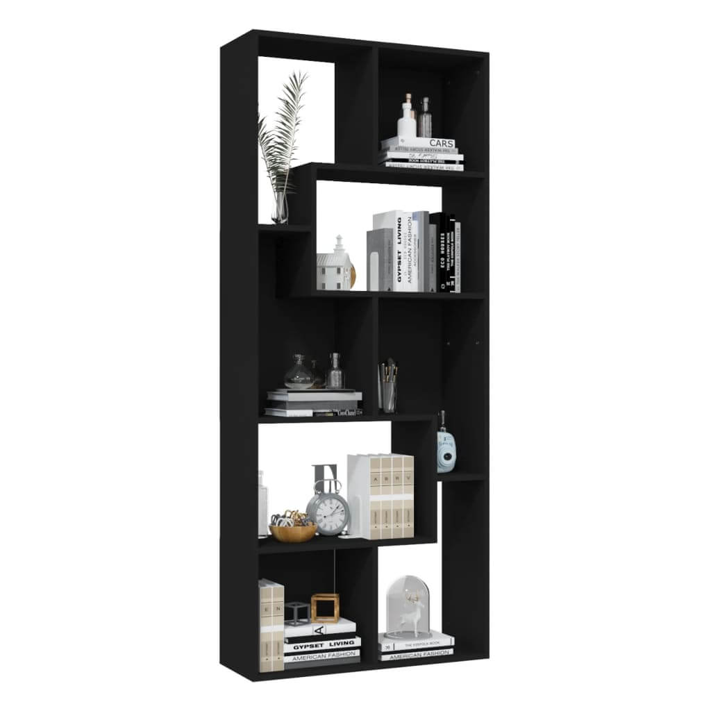 Sleek black book cabinet with spacious compartments for books and decorative items, made of durable engineered wood.