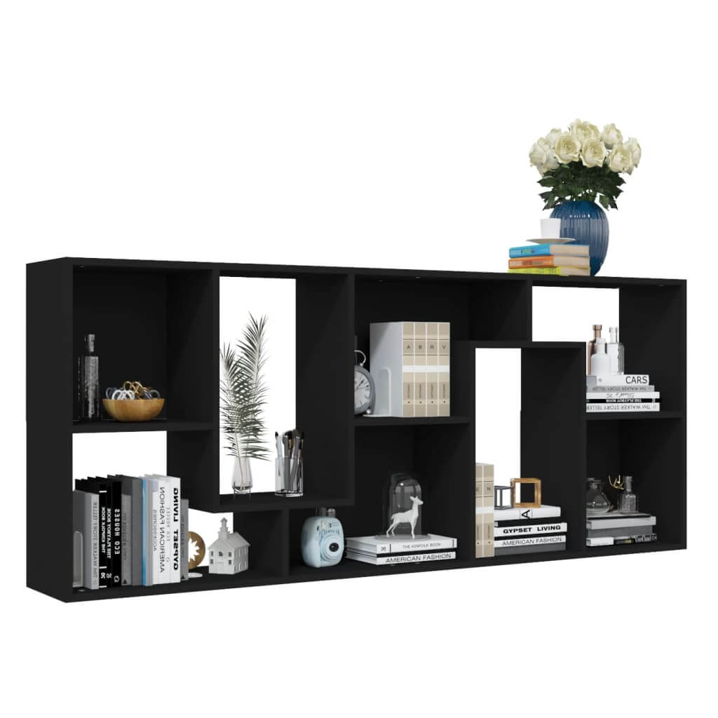 Black book cabinet with spacious compartments showcasing books, decor, and a vase of flowers, stylish furniture piece.