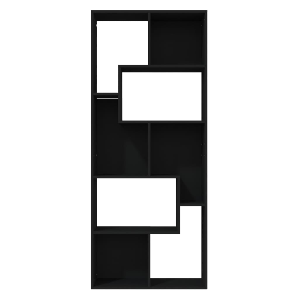 Black book cabinet with contemporary design featuring multiple compartments for storage and display, 67x24x161 cm.