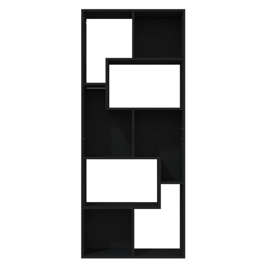 Black book cabinet with contemporary design featuring multiple compartments for storage and display, 67x24x161 cm.