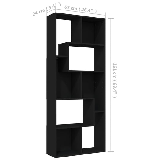 Black book cabinet dimensions 67x24x161 cm, featuring multiple compartments for organized storage of books and decor.