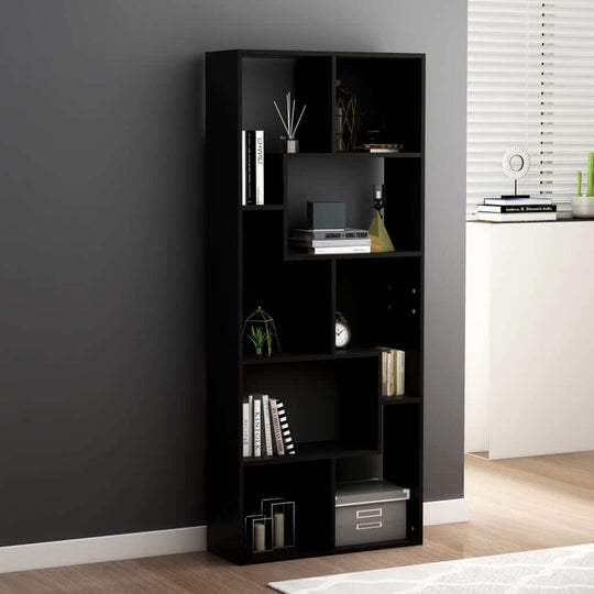 Sleek black book cabinet with spacious compartments for organizing books and decor, ideal for modern furniture settings.
