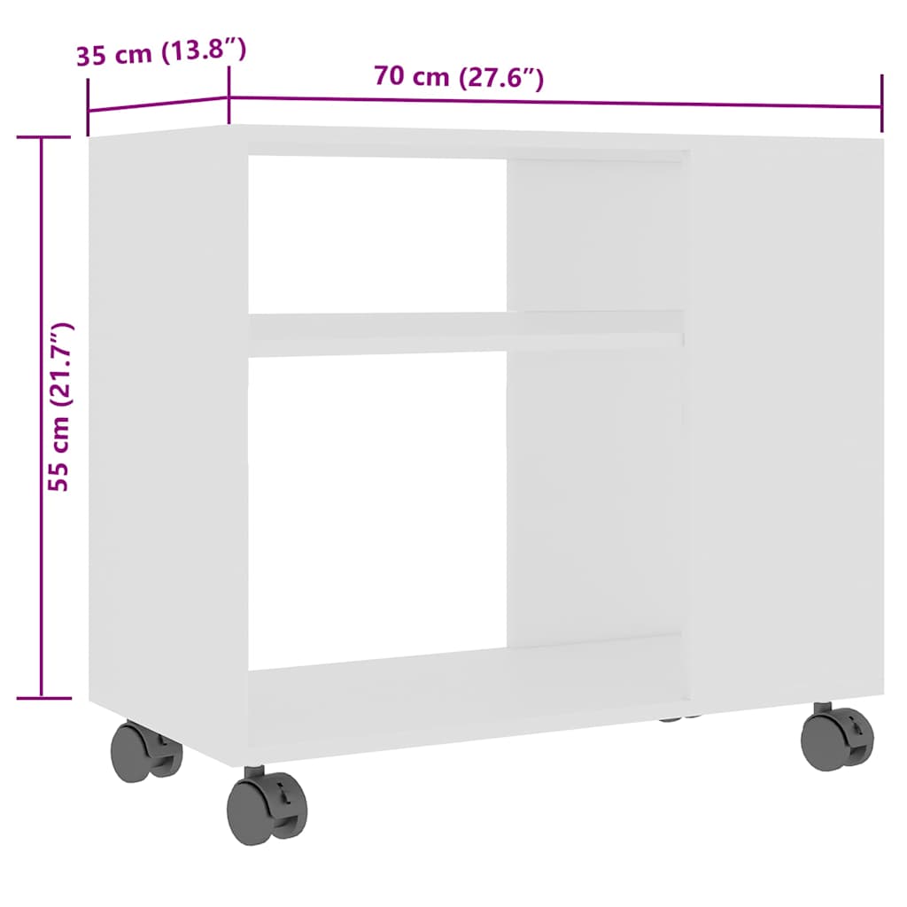 White side table with wheels, dimensions 70x35x55 cm, offering ample storage and stylish design for interior decor.