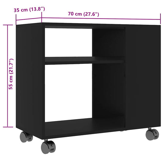 Black side table with wheels, dimensions 70x35x55 cm, made of engineered wood, ideal for furniture and outdoor use.