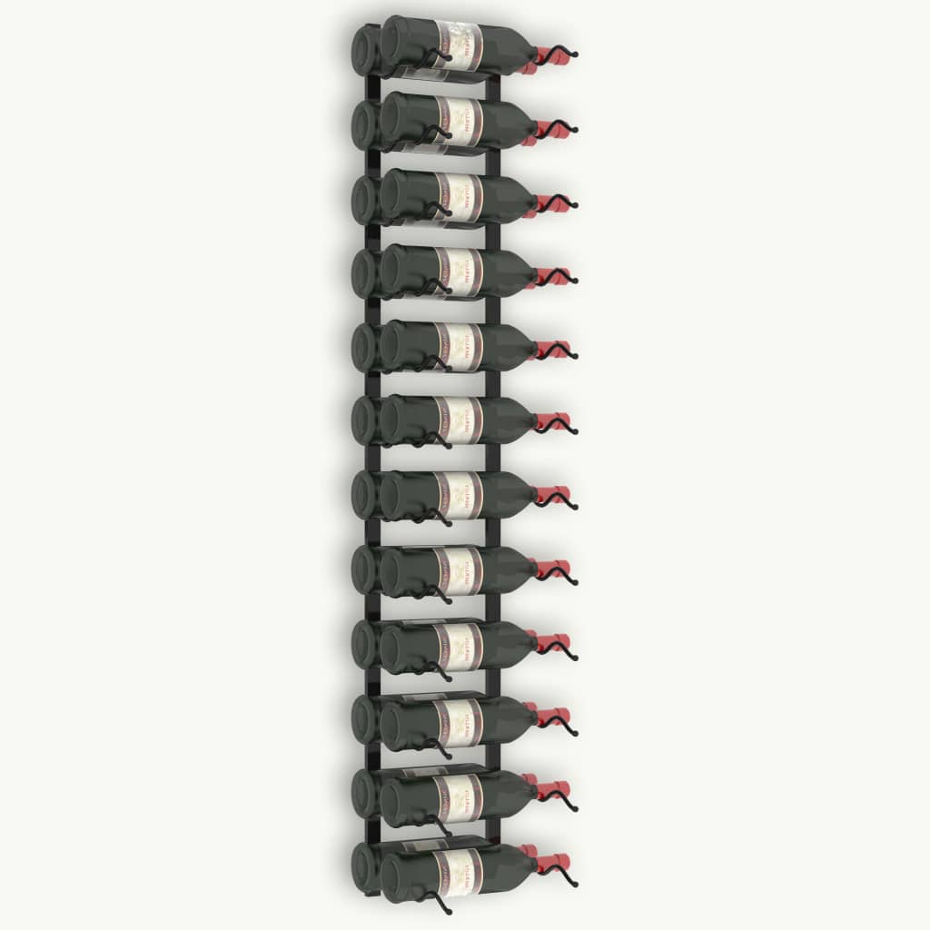 Wall-mounted wine rack in black iron holding 24 bottles, stylish and durable design for modern living spaces.