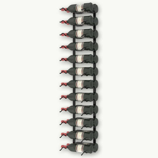 Wall-mounted black iron wine rack holding 24 bottles, ideal for modern living spaces and wine enthusiasts.