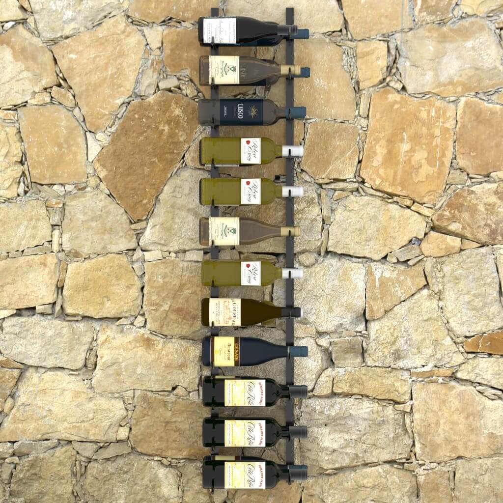 Wall-mounted black iron wine rack holding 12 bottles against a stone wall, showcasing a modern and stylish design.