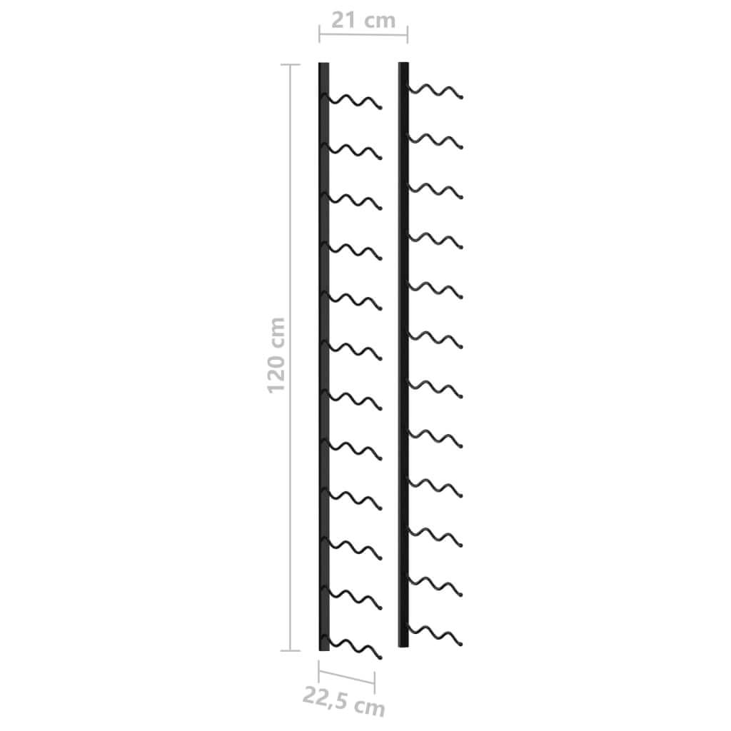 Dimensions of a wall-mounted wine rack for 24 bottles, measuring 120 cm height and 21 cm width in black iron design.