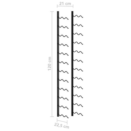 Dimensions of a wall-mounted wine rack for 24 bottles, measuring 120 cm height and 21 cm width in black iron design.