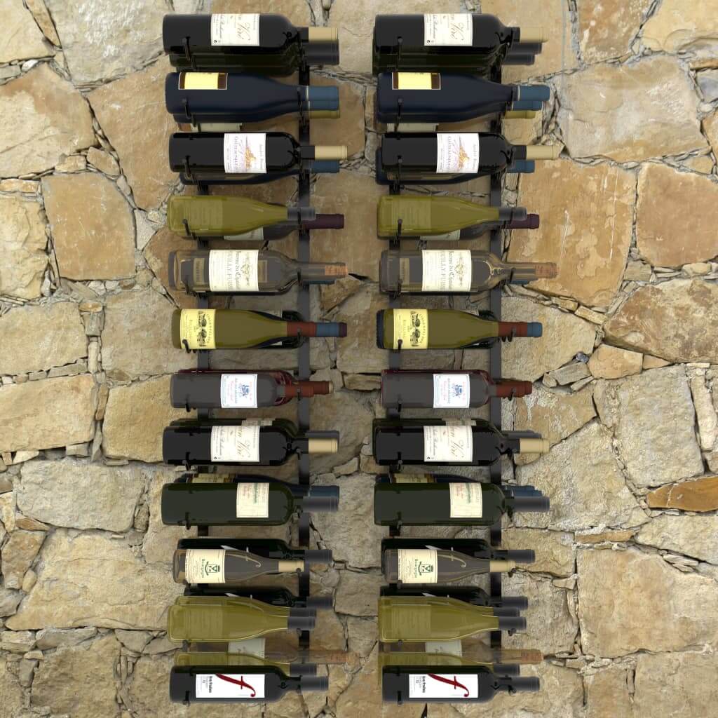 Wall-mounted black iron wine racks showcasing 72 bottles on a stone wall background, perfect for modern home decor.