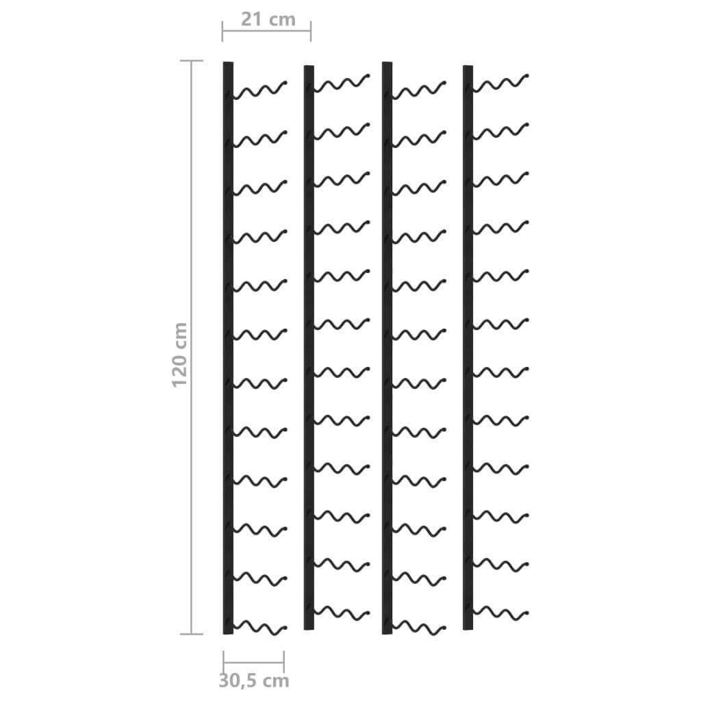 Wall-mounted wine rack dimensions showing space for 72 bottles, made of durable black iron, stylish design for modern homes.