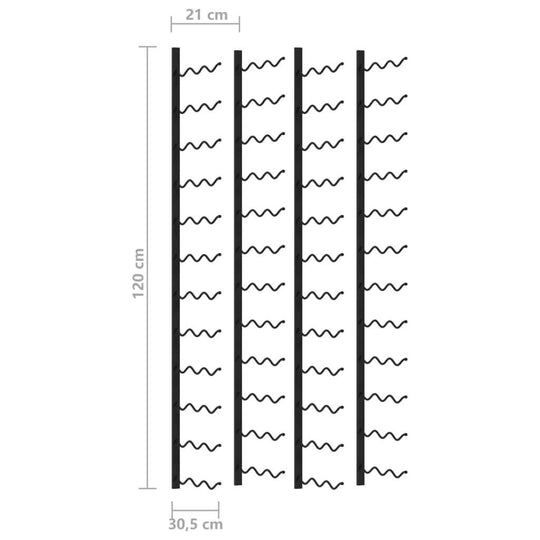 Wall-mounted wine rack dimensions showing space for 72 bottles, made of durable black iron, stylish design for modern homes.