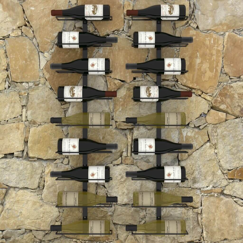 Wall-mounted black iron wine racks holding 18 bottles on a stone wall, ideal for stylish home decor and wine storage.