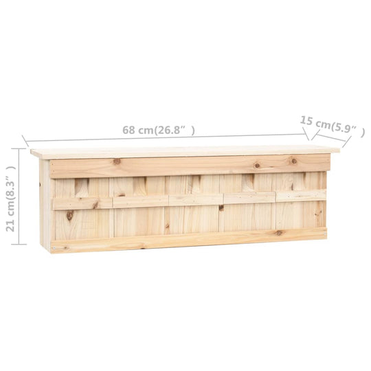 Wooden sparrow house with five chambers, dimensions 68x15x21 cm, ideal for outdoor use in gardens and terraces.