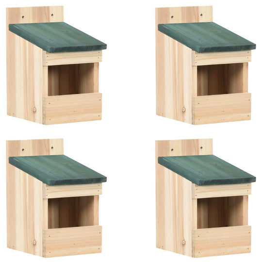 Set of 4 handmade firwood birdhouses with green roofs, perfect outdoor furniture for birds in gardens and terraces.