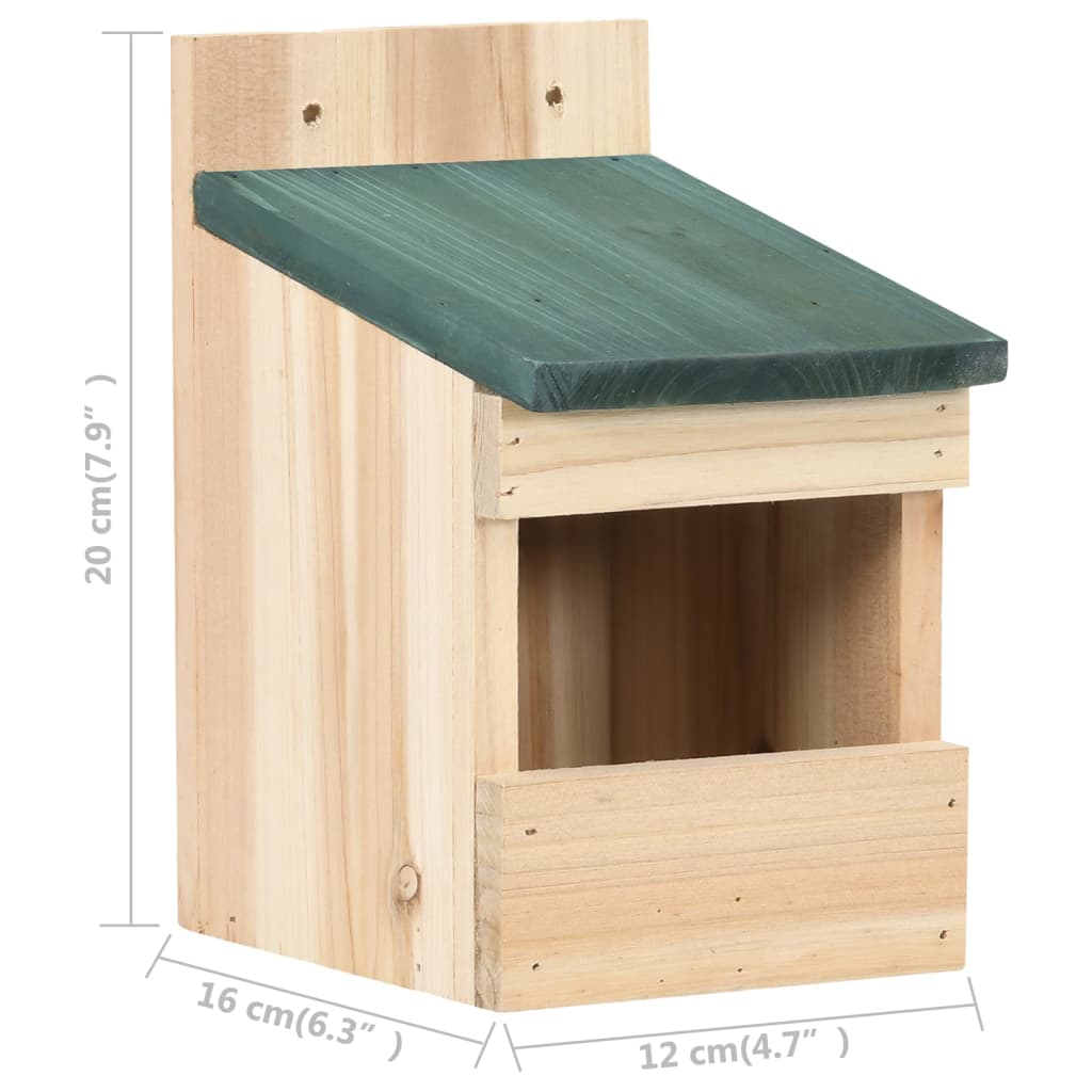 Wooden birdhouse with green roof, handmade from firwood, designed for outdoor use, 12x16x20 cm dimensions.