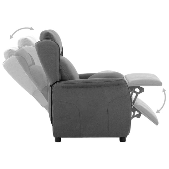 Recliner chair in light grey fabric showing manual reclining positions and adjustable backrest and footrest features.