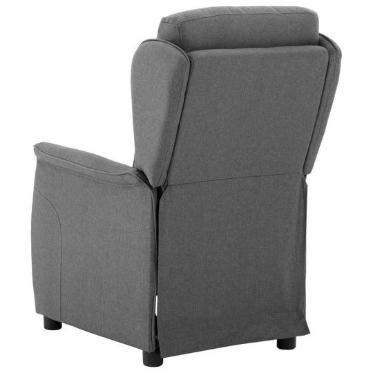 Back view of a light grey fabric recliner chair showcasing its manual reclining function and cozy design.