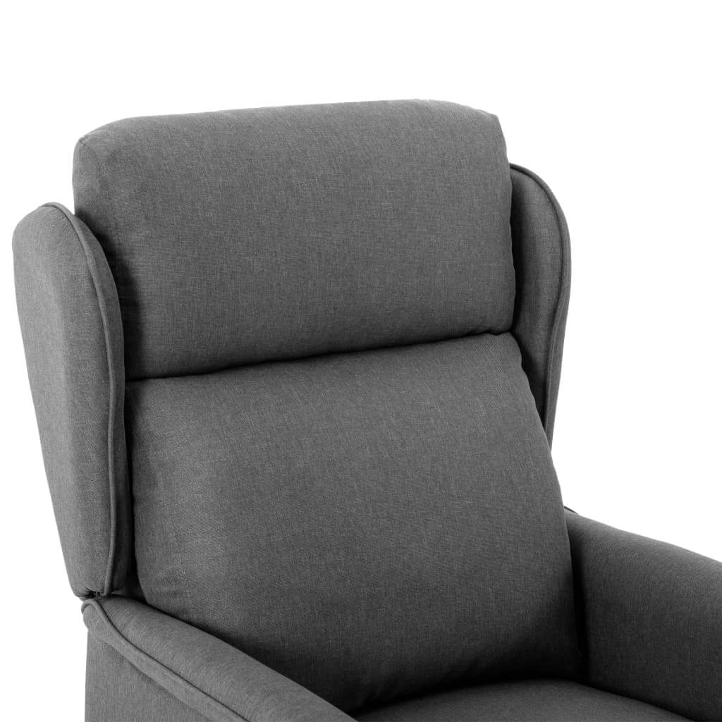 Light grey fabric recliner chair showcasing thickly padded headrest and comfortable backrest for ultimate relaxation.