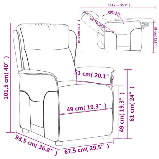 Dimensions of light grey fabric recliner chair with manual reclining positions and cozy design for ultimate comfort.