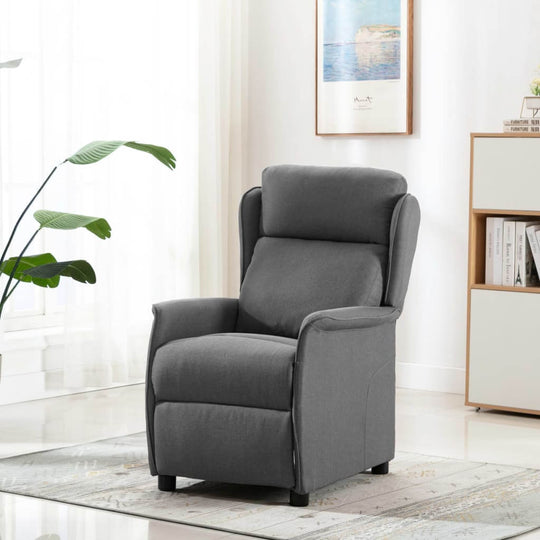 Light grey fabric recliner chair with adjustable backrest and footrest, perfect for comfort and relaxation.