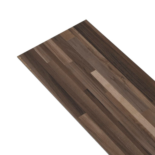 Self-adhesive striped brown PVC flooring plank showcasing a modern design, suitable for various furniture styles.