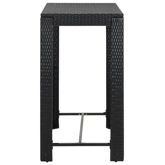 Black garden bar table made of poly rattan, featuring a modern design for indoor and outdoor use, measuring 100x60.5x110.5 cm.