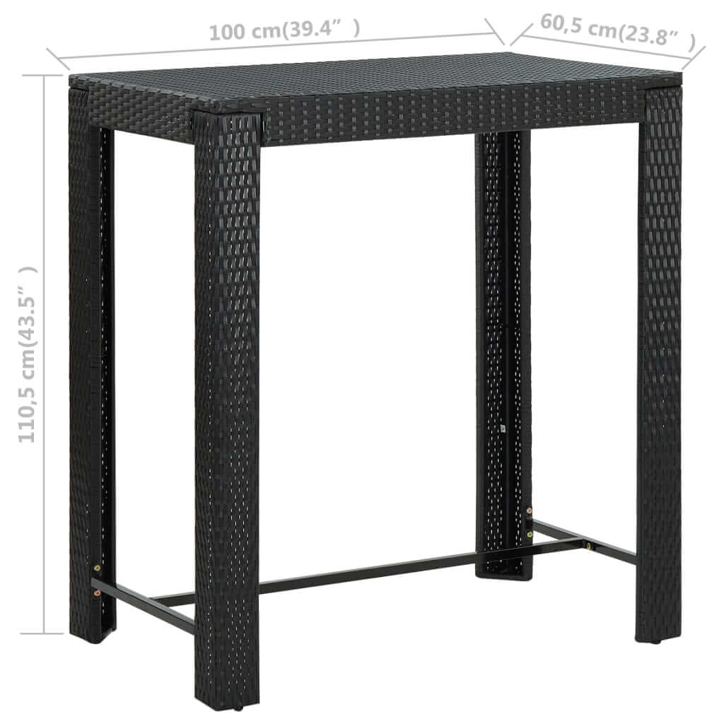 Black garden bar table made of poly rattan, dimensions 100x60.5x110.5 cm, perfect for indoor or outdoor use.