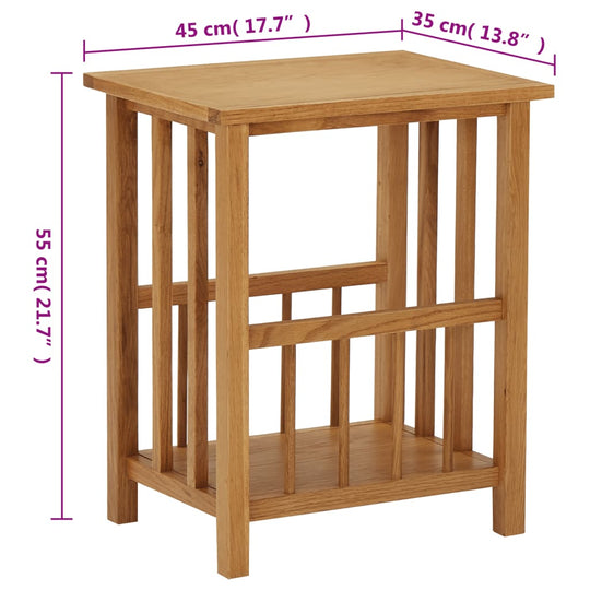 Magazine table in solid oak wood, compact design 45x35x55 cm, perfect for home decor and functionality.