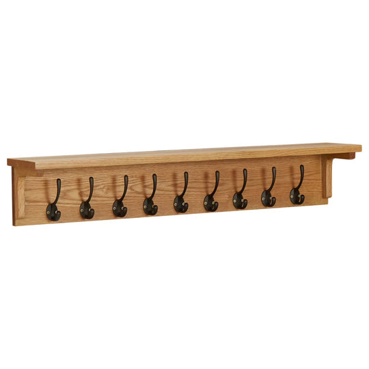 Solid oak wood coat rack with 9 hooks for home decor and storage, 90x16x16 cm, ideal for garden or patio furniture setting.