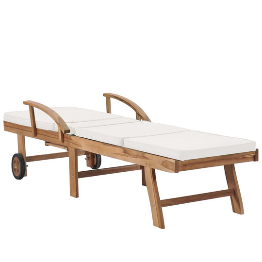 Sun Loungers with Cushions  pcs Solid Teak Wood featuring a slatted design and smooth white cushions for outdoor relaxation.