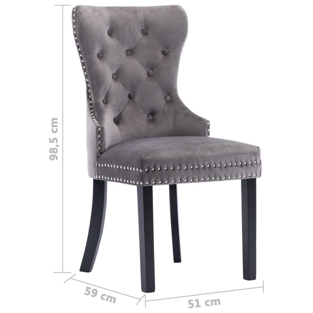 Grey velvet dining chair with button details and metal rivets, supported by solid rubberwood legs, dimensions: 98.5 cm height.