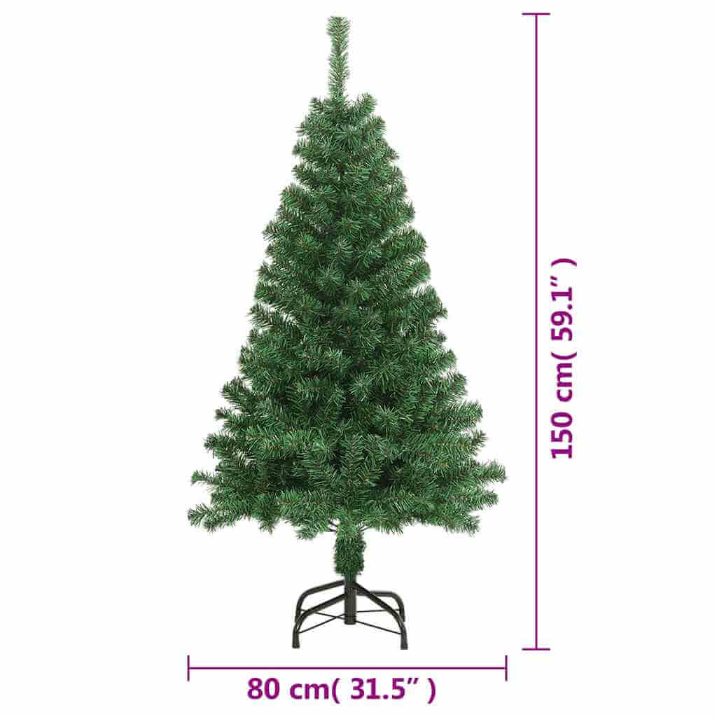 Artificial Christmas tree 150 cm tall with thick green branches, ideal centerpiece for festive decorations.