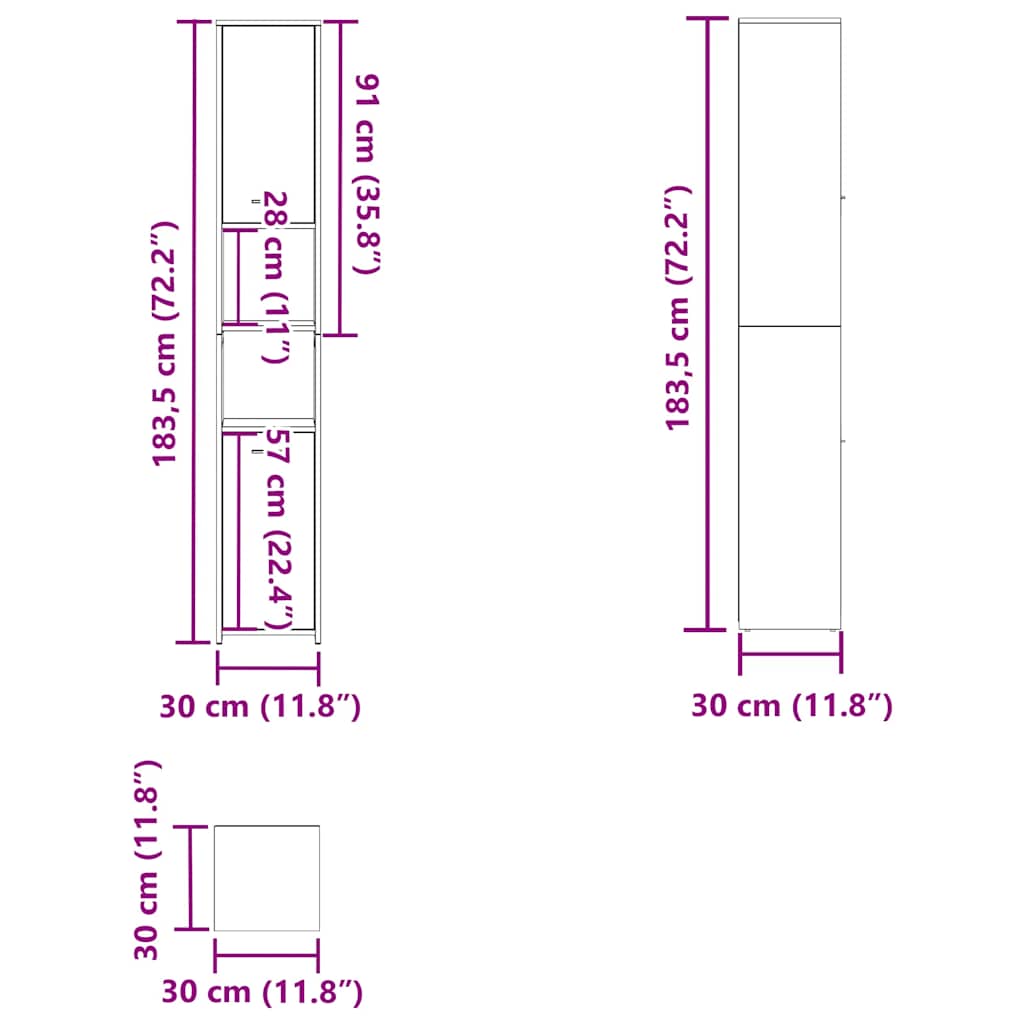 Bathroom Cabinet 30x30x183.5 cm Engineered Wood dimensions and layout diagram