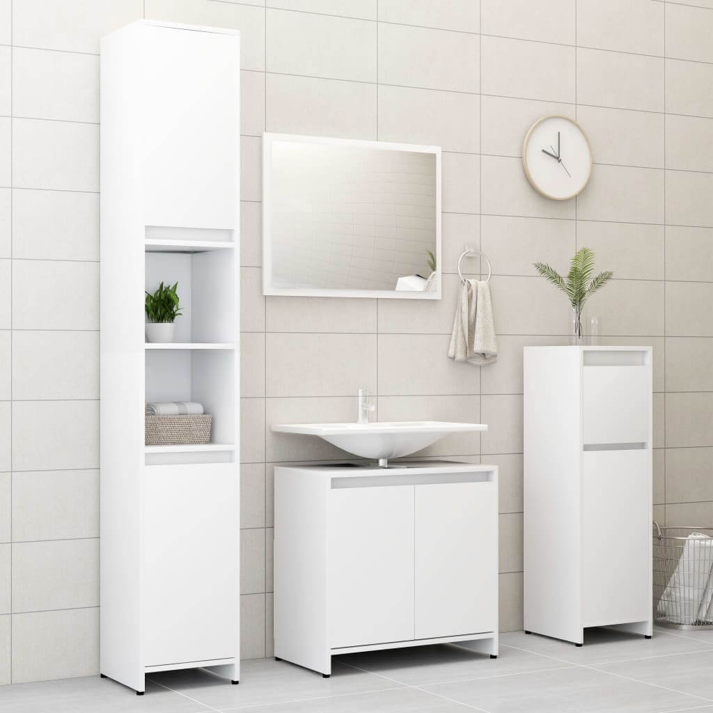 Stylish white bathroom cabinet set featuring storage shelves, a sink, and minimalistic design in a modern bathroom setting.