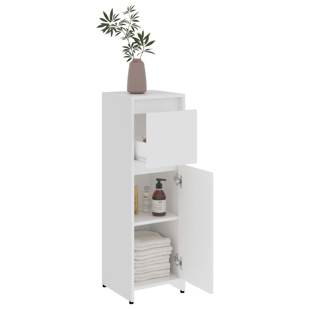 White bathroom cabinet 30x30x95 cm with one drawer and two compartments, stylishly storing towels and toiletries.