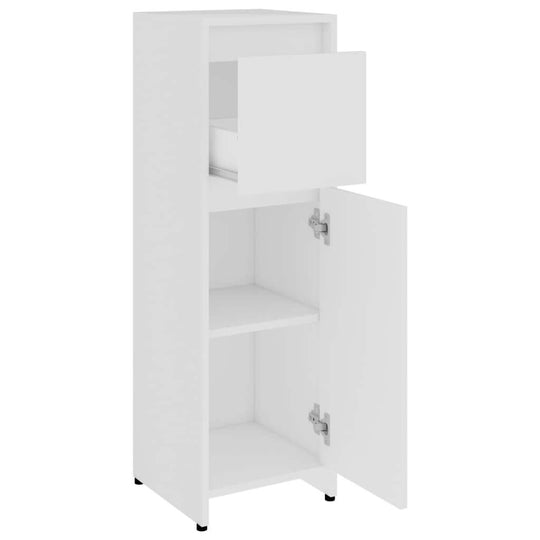 Sleek white bathroom cabinet 30x30x95 cm with drawer and door for stylish storage solution in engineered wood.