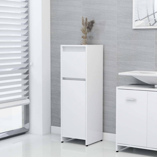 Bathroom cabinet in white engineered wood, featuring two compartments and sleek design in a modern bathroom setting.