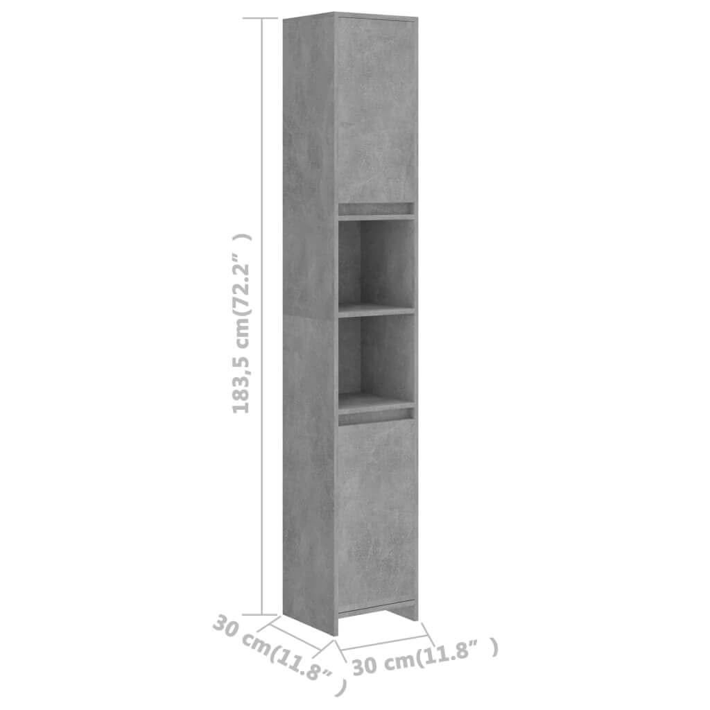 Bathroom cabinet in concrete grey, 30x30x183.5 cm, featuring 6 compartments and 2 doors for ample storage.