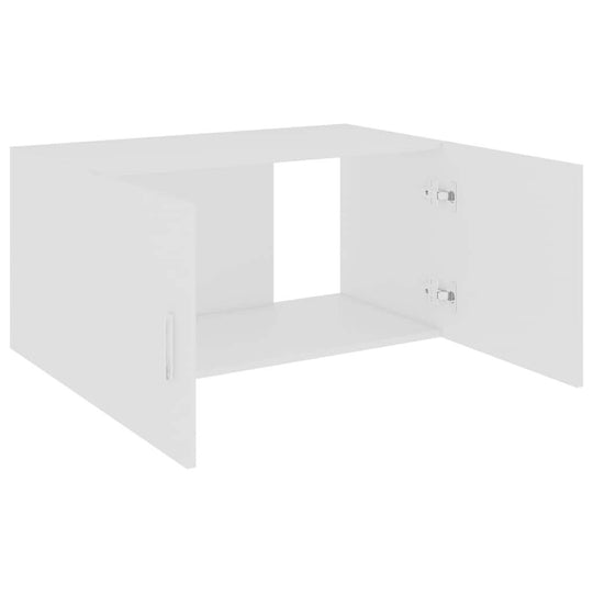 White wall-mounted cabinet with two doors, perfect for stylish storage and display in any room. Ideal for modern furniture settings.