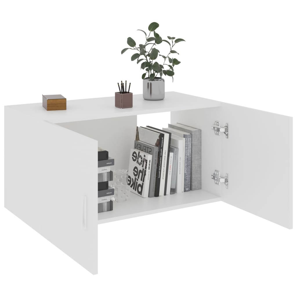 Wall mounted cabinet in white, featuring open storage space and two doors, ideal for home organization and display.