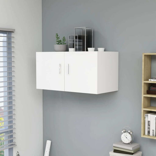 Wall mounted white cabinet with two doors, stylish storage solution for modern home decor, ideal for display and organization.