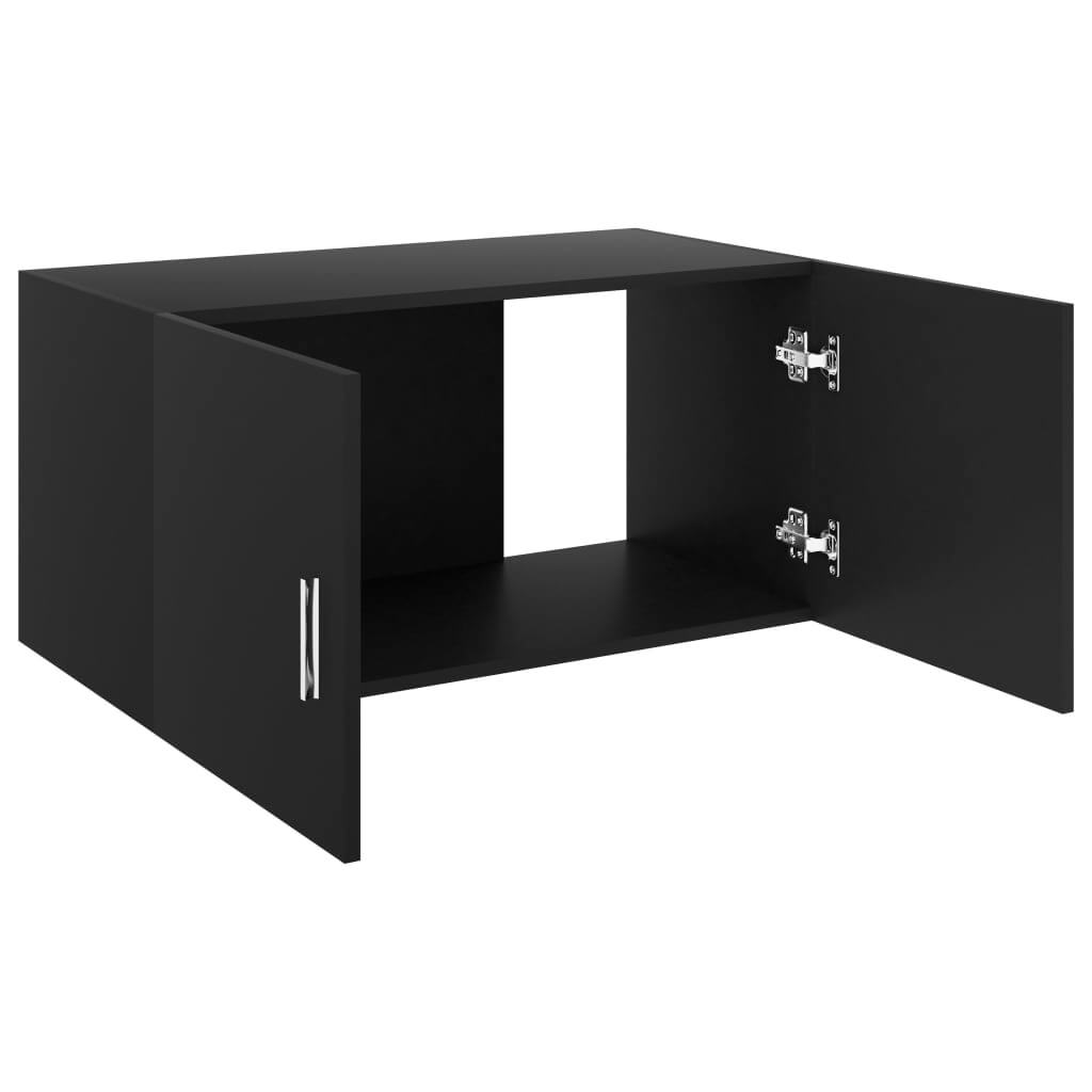 Wall mounted black cabinet with two doors, engineered wood, ideal for display and storage in modern home settings.