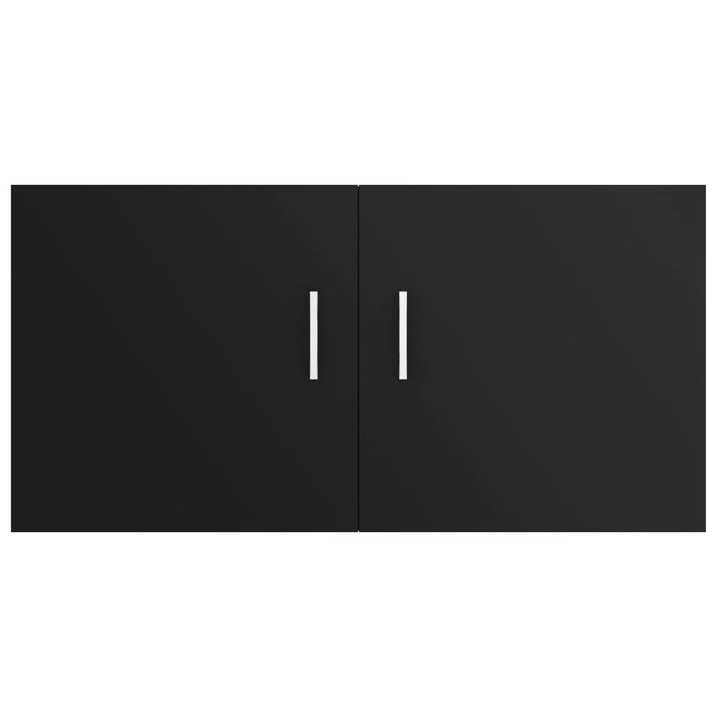 Wall-mounted black cabinet with two sleek doors and modern handles, ideal for stylish storage and display.